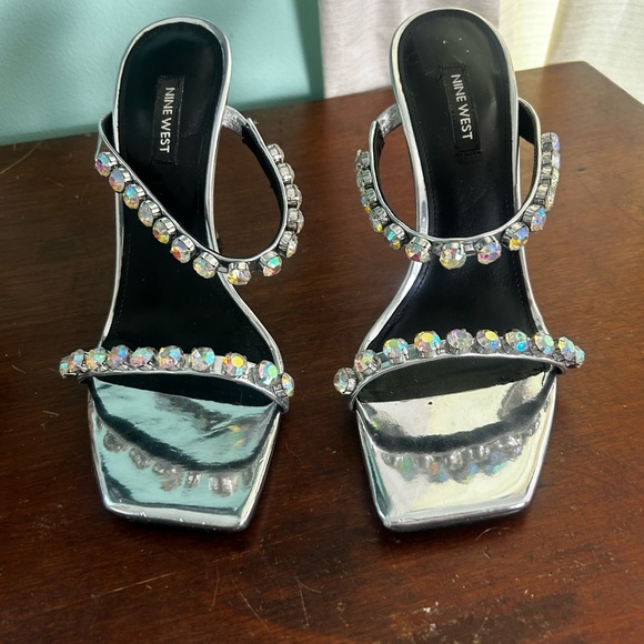 Nine West Shoes - Nine West Aria Silver Rhinestone Gems Crystal Heels Strappy Sandal Pumps 9 Party